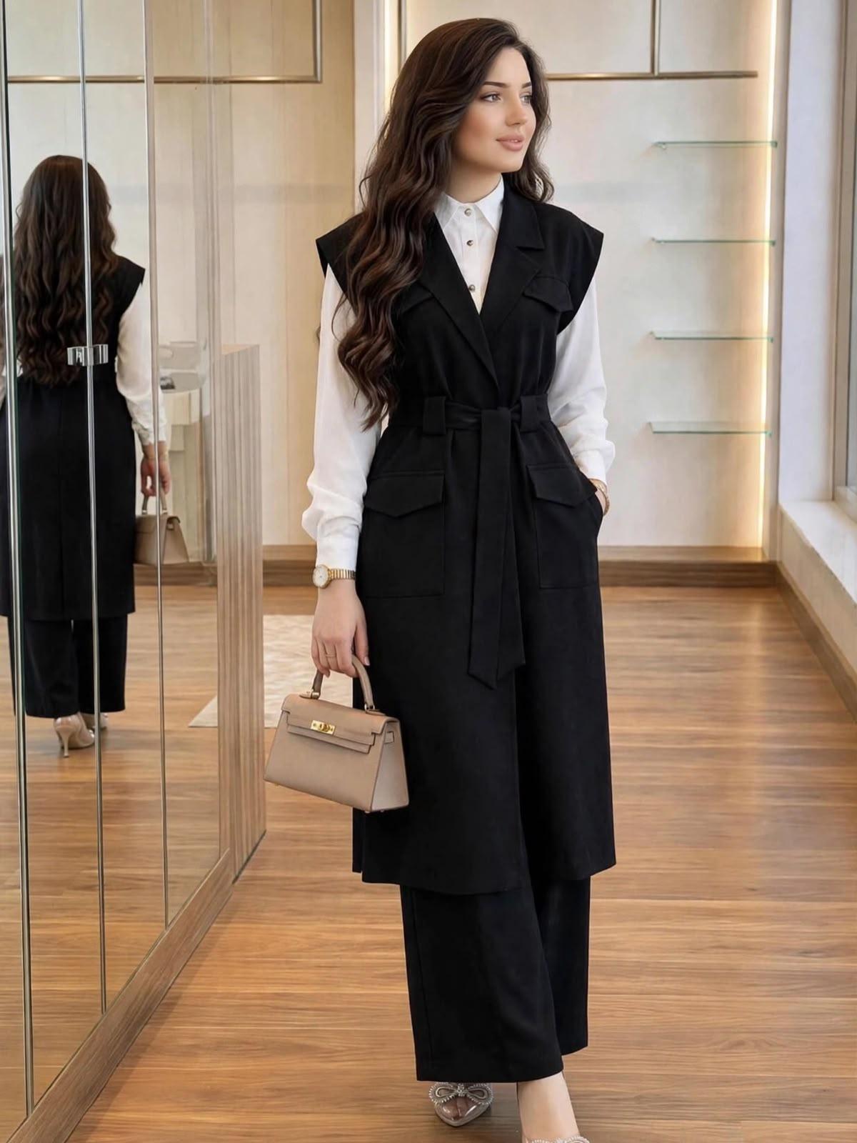 Ensemble long sans manches ceinturé