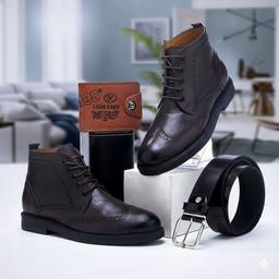 Leather wingtip boots with wallet and belt set — photo 3
