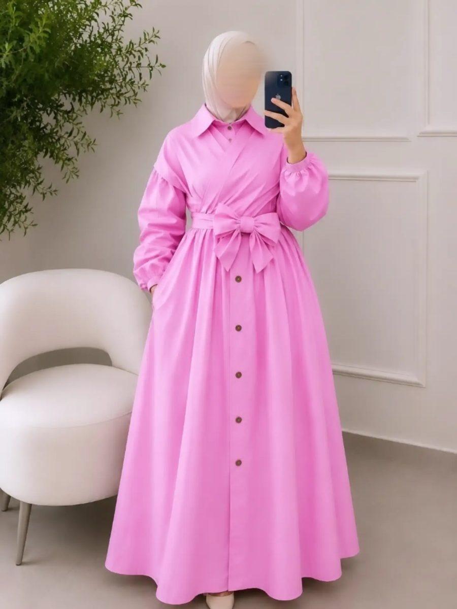 Robe longue rose ceinturée manches bouffantes