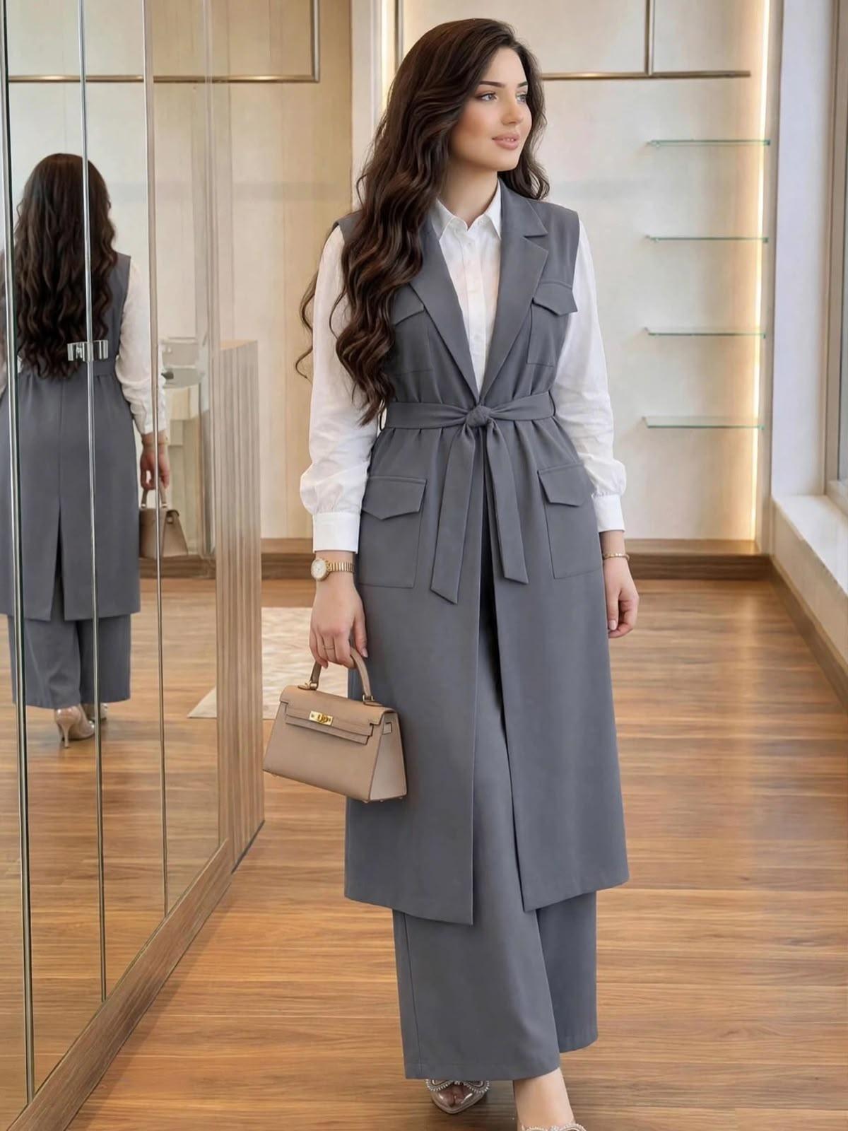Ensemble long sans manches ceinturé