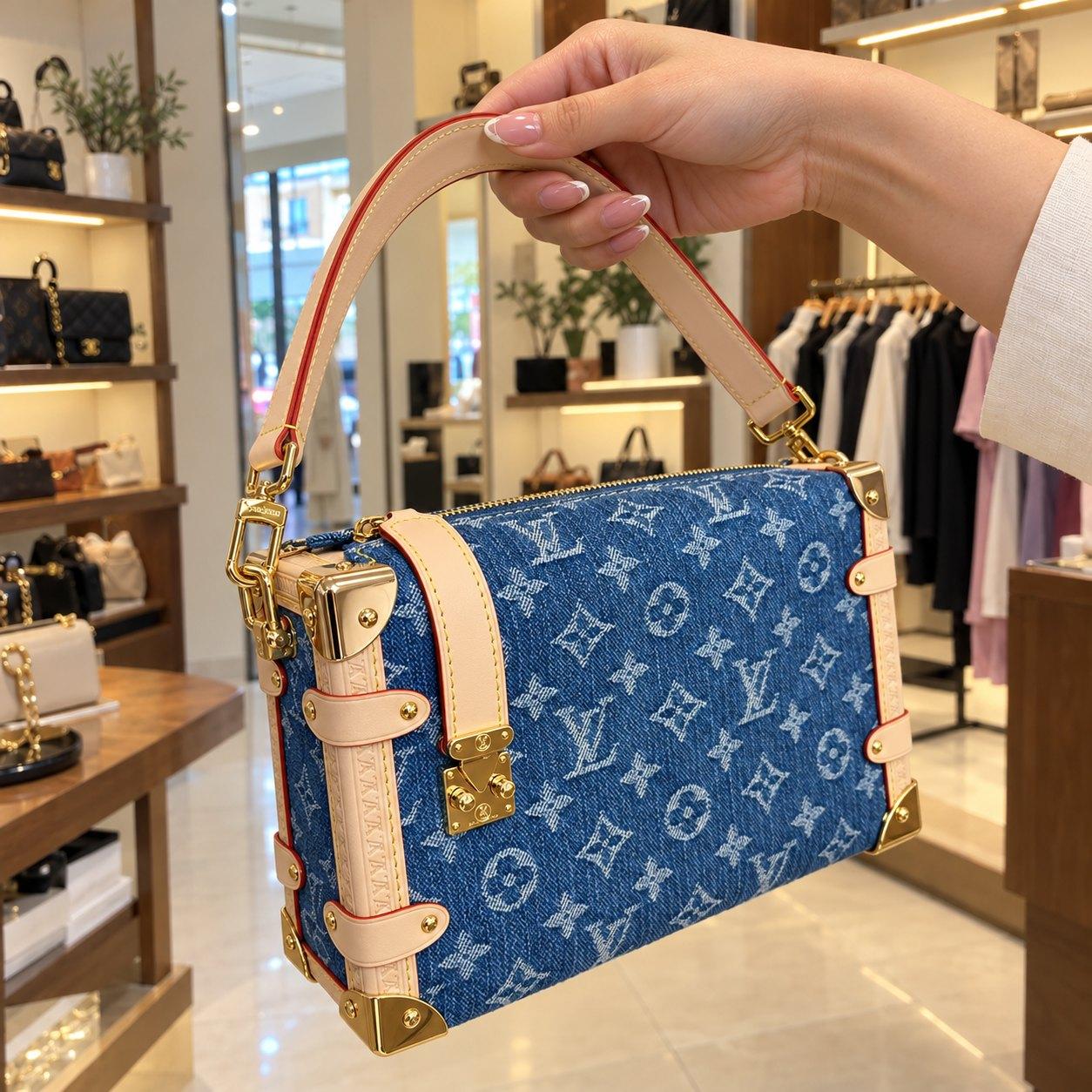 Blue Denim-Look Handbag — Beige Trim & Gold-Tone Details