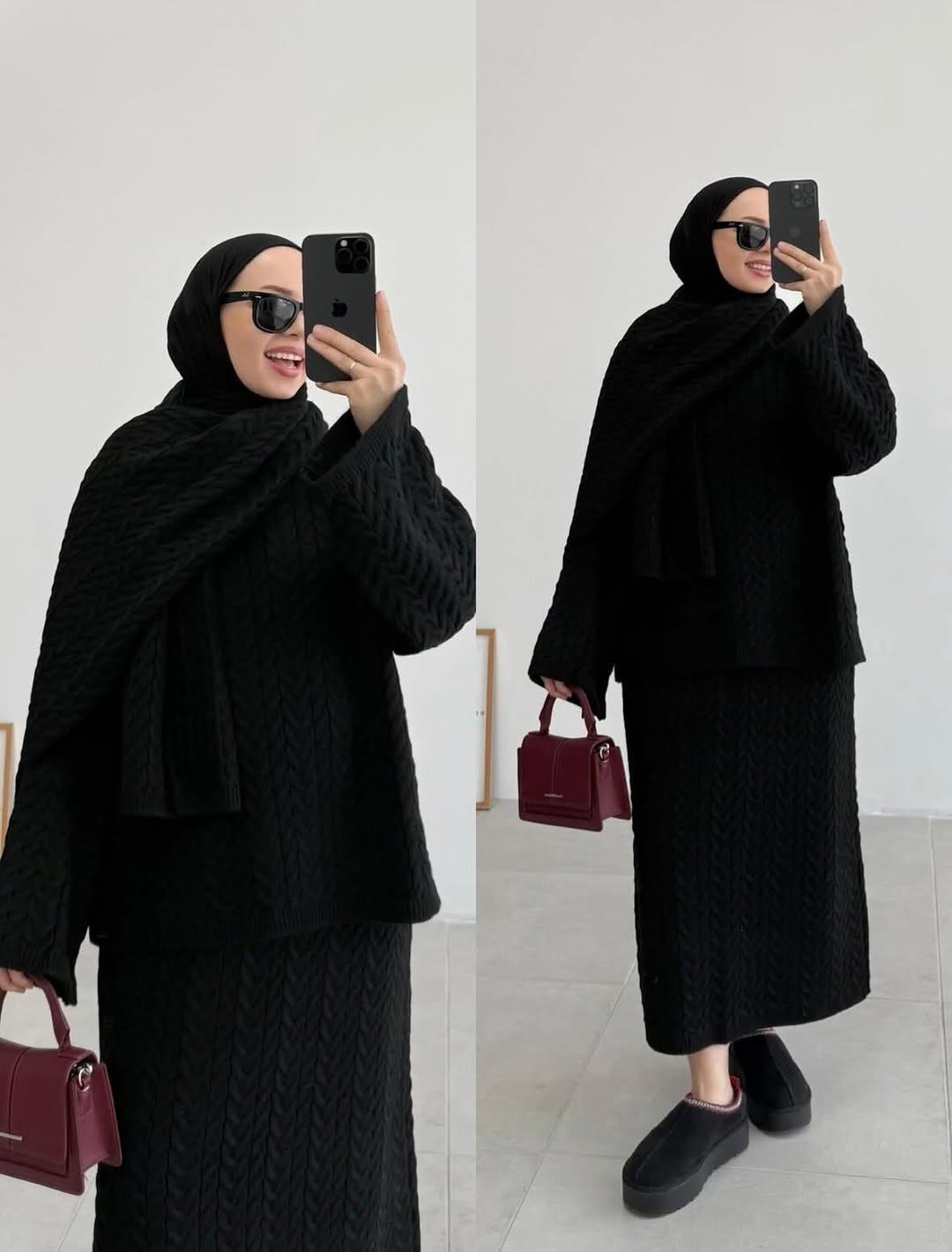 Ensemble pull et jupe en maille avec écharpe