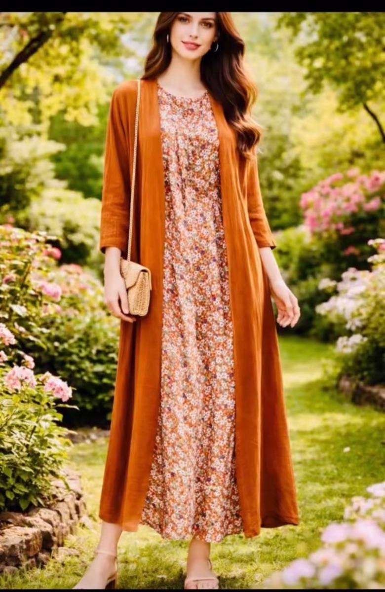 Robe longue imprimé floral et gilet assorti