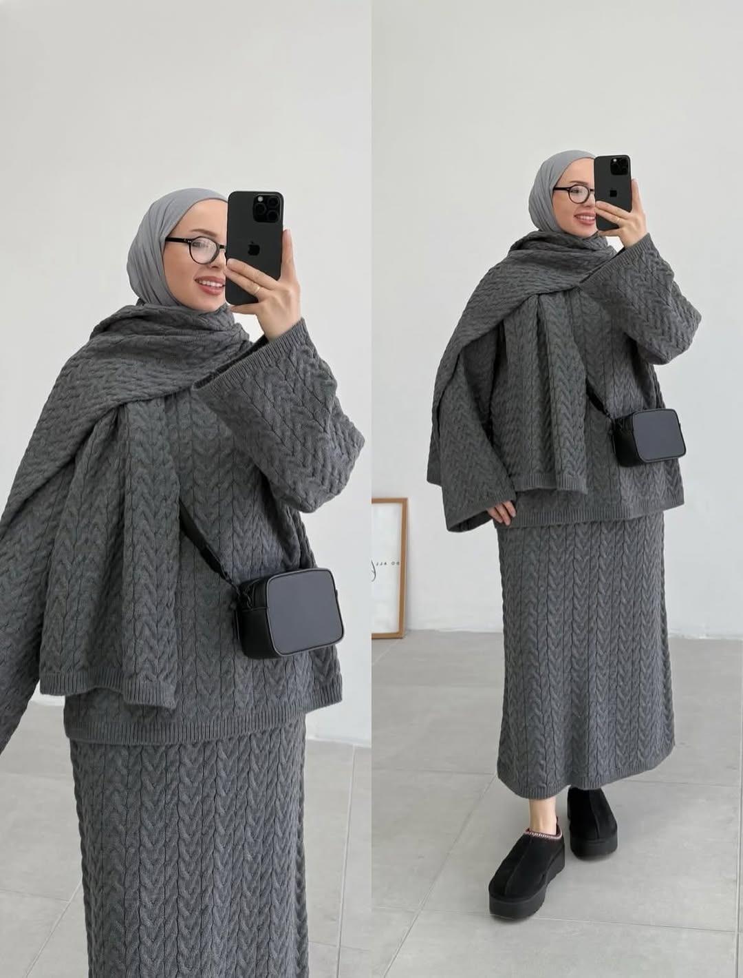 Ensemble pull et jupe en maille avec écharpe