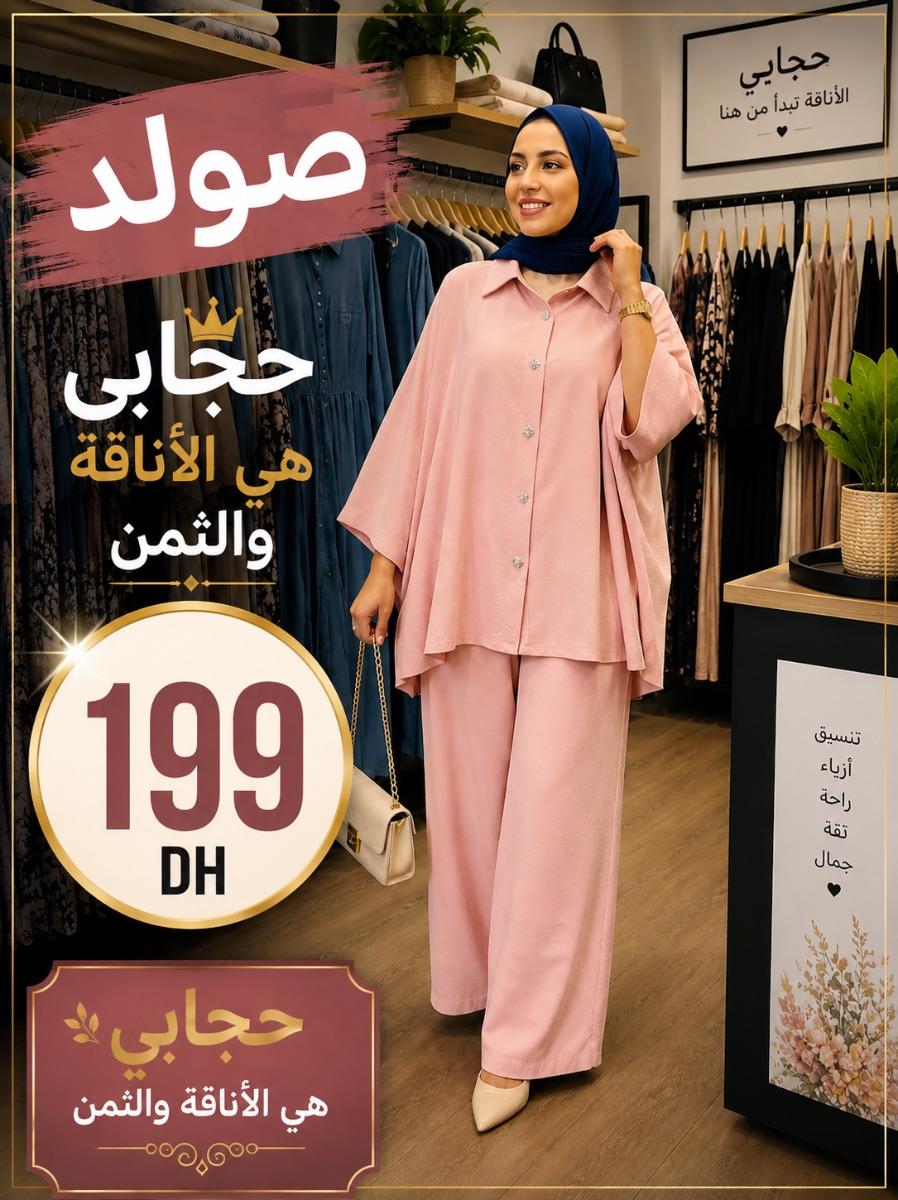 طقم بنطلون وتونيك واسع وردي