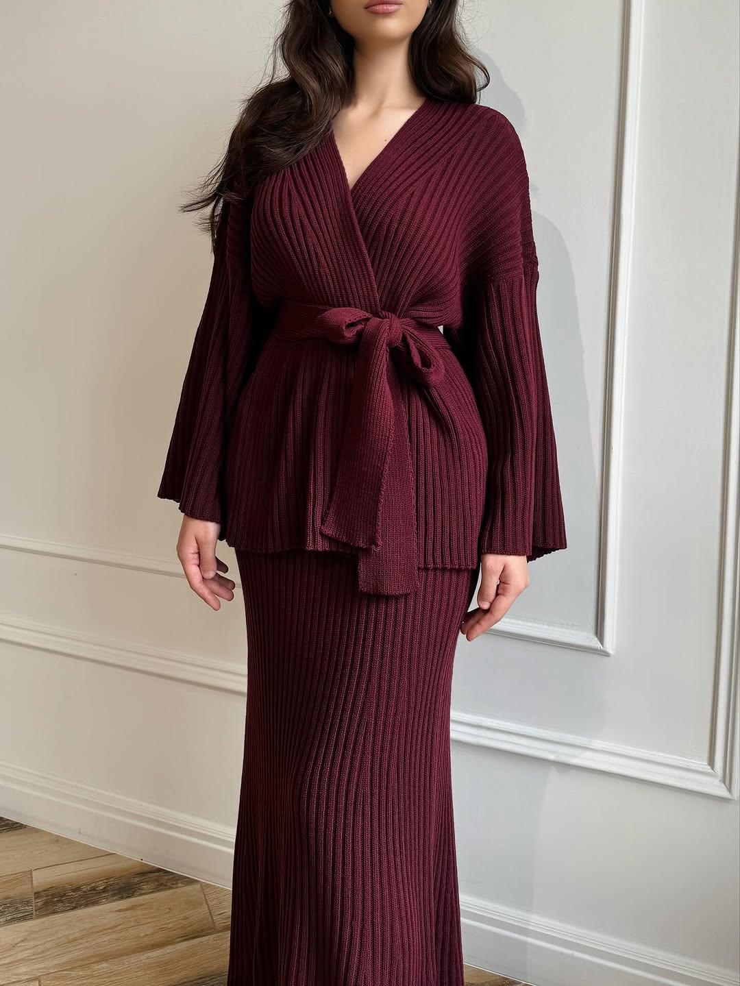 Ensemble deux pièces côtelé avec ceinture