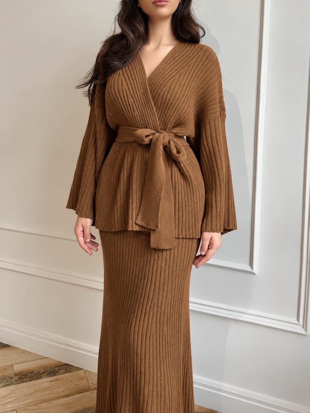 Ensemble deux pièces côtelé avec ceinture